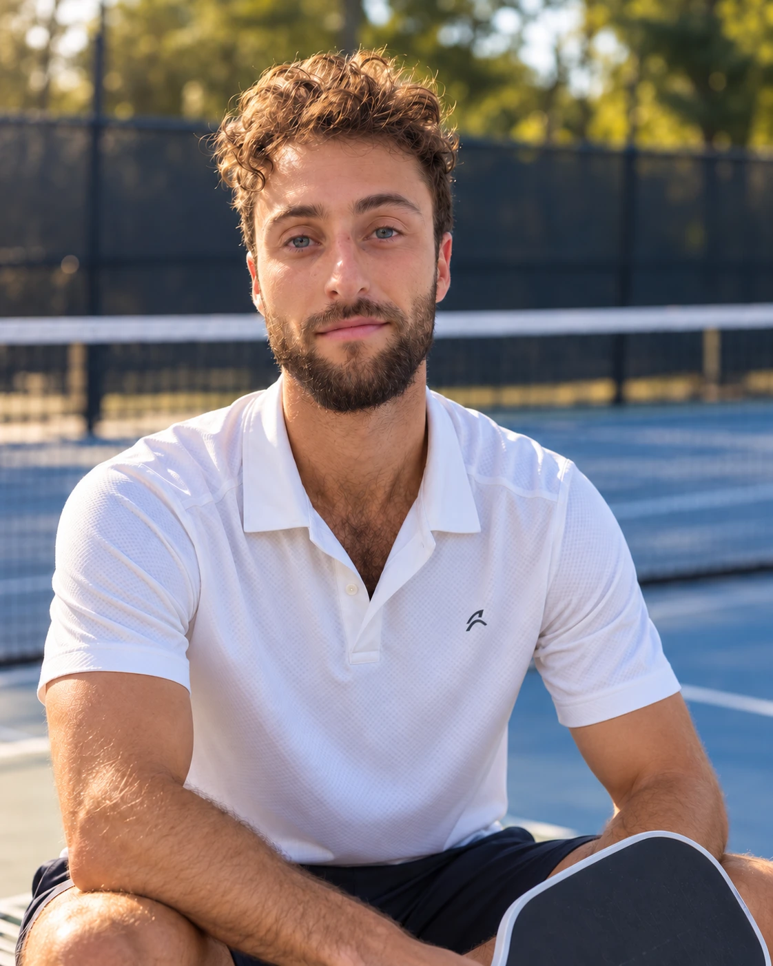 Houston Poem in a white court polo, seated with a pickleball paddle beside the court